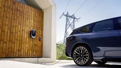 BMW iX3 an bidirektionign er angeschlossen Wallbox mit Stromnetz im Hintergrund, dargestellt als Beispiel für bidirektionales Laden und Vehicle-to-Grid.