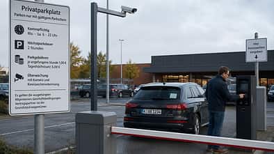Privatparkplatz mit Kameraüberwachung, Schranke und Terminal zur Kennzeicheneingabe