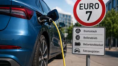 Elektroauto an einer Ladesäule neben einem Euro-7-Schild mit Hinweisen auf Bremsstaub, Reifenabrieb und Fahrzeugdaten.