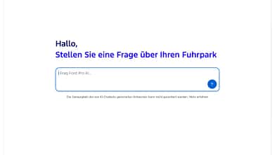 Eingabemaske von Ford Pro AI mit der Aufforderung, eine Frage zum Fuhrpark zu stellen.