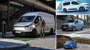 Collage mit elektrischen Vans verschiedener Hersteller, darunter ein Lieferwagen an einer Ladesäule.